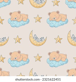 Patrón sin foco de duelo de oso de peluche sobre una nube, luna y estrellas. Papel tapiz colorido para bebés. Ideal para el bebé pijama o la cama.