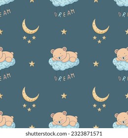 Seamless pattern teddy bear sleeps on a cloud, moon and stars. Baby Colorful Wallpaper. Great for Baby Pajamas or Bedding.