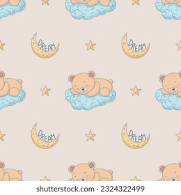 Patrón sin foco de duelo de oso de peluche sobre una nube, luna y estrellas. Papel tapiz colorido para bebés. Ideal para el bebé pijama o la cama.