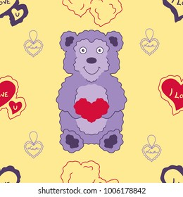 Seamless pattern of Teddy bear toy with hearts vector illustration sketch