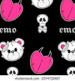 Seamless pattern with teddy bear toy, Skull, crossbones, heart. Black Emo Goth background. Gothic aesthetic in y2k, 90s, 00s and 2000s style. Vector illustration