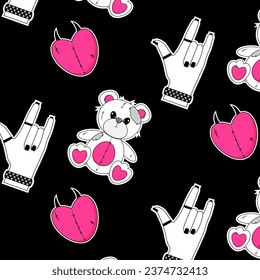 Seamless pattern with teddy bear toy, hand, heart. Black Emo Goth background. Gothic aesthetic in y2k, 90s, 00s and 2000s style. Vector illustration