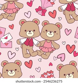 Seamless pattern of teddy bear valentine's day. love letter, bouquet of hearts and heart. Pattern design for fabric, wrapping paper, wallpaper and fashion prints.