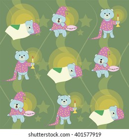 Seamless pattern teddy bear. Vector. Little bear in the cap for sleeping, with a candle.