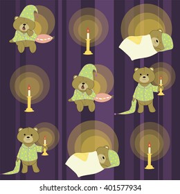 Seamless pattern teddy bear. Vector. Little bear in the cap for sleeping, with a candle.