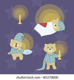 Seamless pattern teddy bear. Vector. Little bear in the cap for sleeping, with a candle.