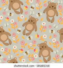 Seamless pattern with teddy bears and bees.