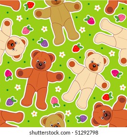 Seamless pattern - teddy bears, berries and flowers (print, swatch, repeatable tile, seamless wallpaper or background)