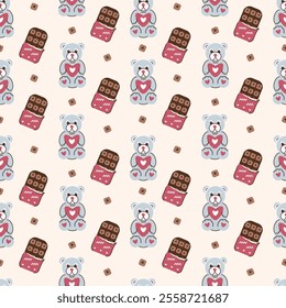 Seamless pattern with teddy bears and chocolate slices on a light background, romantic background for lovers, birthday packages, wedding greetings.