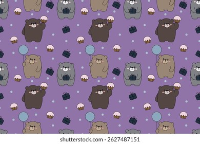 Patrón sin fisuras de ositos de peluche con cupcakes y globos