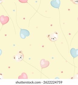 Seamless pattern with teddy bears and heart balloons on yellow background