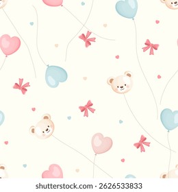 Seamless pattern with teddy bears, heart balloons and bows on white background