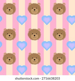 Patrón sin fisuras con ositos de peluche y corazones sobre fondo rosa y crema.
