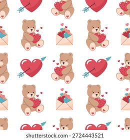 Patrón sin fisuras con osos de peluche, corazones, sobres y flechas. Ilustración vectorial plana sobre fondo blanco para envolver papel, textiles, tarjetas de felicitación, Fondos de pantalla y diseños de San Valentín.