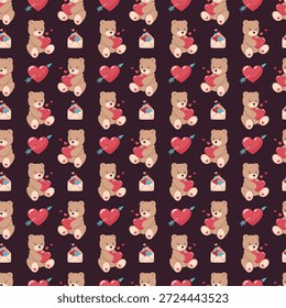 Patrón sin fisuras con osos de peluche, corazones, sobres y flechas. Ilustración vectorial plana sobre fondo oscuro para envolver papel, textiles, tarjetas de felicitación, Fondos de pantalla y diseños de San Valentín.