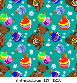 Seamless pattern with teddy bears, multicolored Christmas balls and snowflakes on a green background. Vector illustration