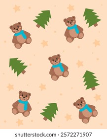 seamless pattern with teddy bears and pine tree with stars at backgrorund