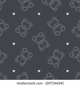 Seamless pattern with teddy bears in sleep masks and hearts on a dark background.