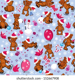 Seamless pattern with teddy bears, snowflakes and Christmas accessories. Holidays winter background.