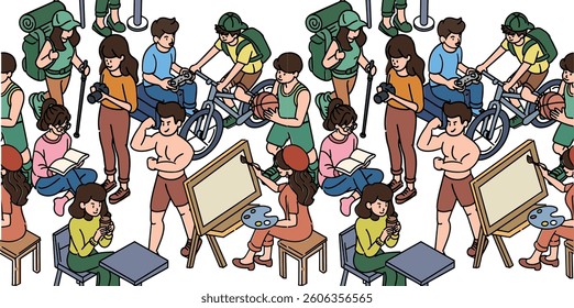 Seamless Pattern of Teen Activities – Vibrant Youth Lifestyle Illustration. A dynamic seamless pattern featuring a collection of teen activities