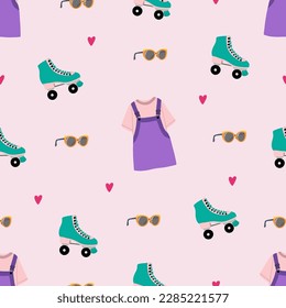 Seamless pattern with teenager outfit. Streetwear - overalls, roller skates, sunglasses. Hand drawn vector illustration