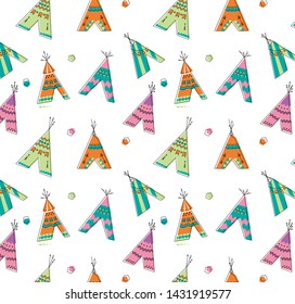 Seamless pattern Teepee or wigwam. dwelling of north nations of Canada, Siberia, North America. cute vector Illustration. For print, background, textile, children, wrapping paper, holiday, birthday