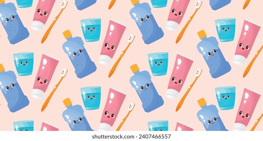 Patrón sin inconvenientes de equipo de cuidado de dientes y cosas por el estilo. Ilustración vectorial. Estilo de caricatura. Artículos para atención dental y oral. Lavado de uñas, pasta de dientes, cepillo de dientes, vaso de agua.