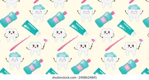 Seamless pattern of teeth care equipment and stuff. Vector illustration. Cartoon style. Items for dental and oral care. Toothpaste, toothbrush, mouthwash, tooth.