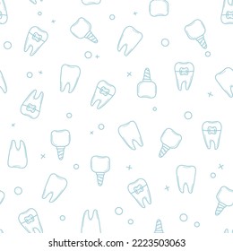 Patrón sin foco de dientes, implantes dentales, cepas. Impresión sin fin para fondo, tela, papel de envoltura. Ilustración vectorial aislada