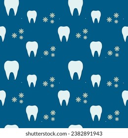 Seamless pattern of teeth and flowers on a dark blue background.Dentistry.Vector illustration.