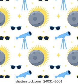 Seamless pattern with Telescope and lunar solar eclipse in flat cartoon style. Vector