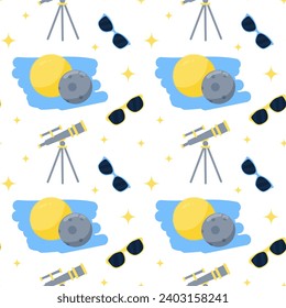 Seamless pattern with Telescope and lunar solar eclipse. Vector Seamless pattern, wallpaper.