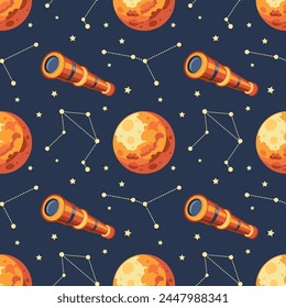 Seamless pattern, telescope, planet and solar eclipse Moon. Background for children, scrapbooking, children's room. Vector