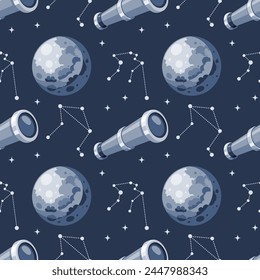 Seamless pattern, telescope, planet and solar eclipse Moon. Background for children, scrapbooking, children's room. Vector