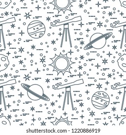 Seamless pattern with telescope, sun, planets, stars. Space exploration. Astronomy. Science