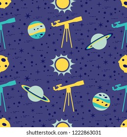 Seamless pattern with telescope, sun, planets, stars. Space exploration. Astronomy. Science