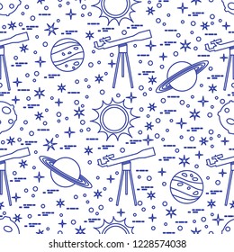 Seamless pattern with telescope, sun, planets, stars. Space exploration. Astronomy. Science