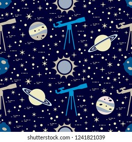 Seamless pattern with telescope, sun, planets, stars. Space exploration. Astronomy. Science