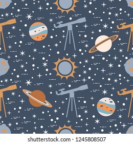 Seamless pattern with telescope, sun, planets, stars. Space exploration. Astronomy. Science