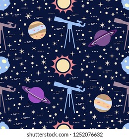 Seamless pattern with telescope, sun, planets, stars. Space exploration. Astronomy. Science