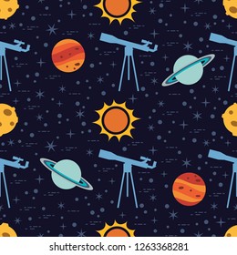Seamless pattern with telescope, sun, planets, stars. Space exploration. Astronomy. Science