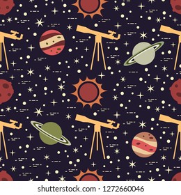 Seamless pattern with telescope, sun, planets, stars. Space exploration. Astronomy. Science