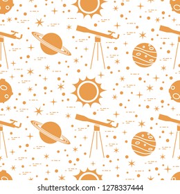 Seamless pattern with telescope, sun, planets, stars. Space exploration. Astronomy. Science