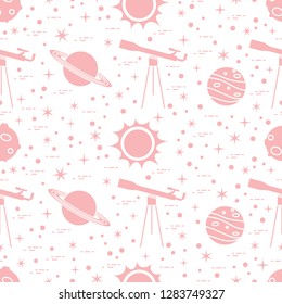 Seamless pattern with telescope, sun, planets, stars. Space exploration. Astronomy. Science