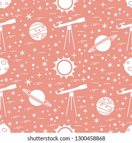 Seamless pattern with telescope, sun, planets, stars. Space exploration. Astronomy. Science