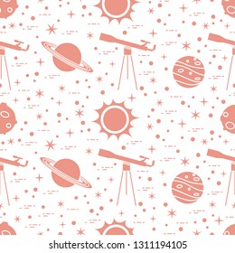Seamless pattern with telescope, sun, planets, stars. Space exploration. Astronomy. Science