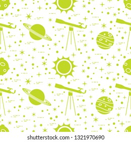 Seamless pattern with telescope, sun, planets, stars. Space exploration. Astronomy. Science