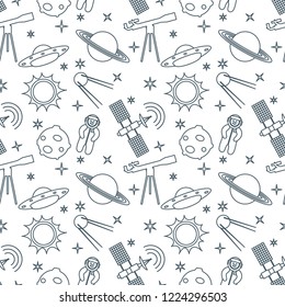 Seamless pattern with telescope, UFO, satellite, planets, astronaut, orbital station, sun, stars. Space exploration. Astronomy. Science.