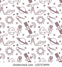 Seamless pattern with telescope, UFO, satellite, planets, astronaut, orbital station, sun, stars. Space exploration. Astronomy. Science.