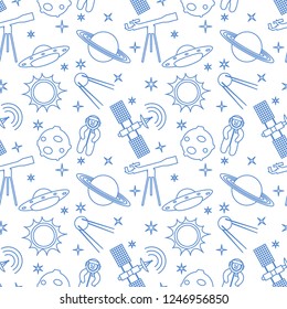 Seamless pattern with telescope, UFO, satellite, planets, astronaut, orbital station, sun, stars. Space exploration. Astronomy. Science.